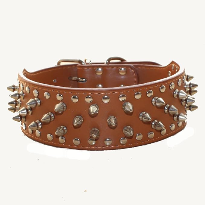 Serijoars Spiked Studded Dog Collar, PU Leather Dog Collar, Adjustable Pet Collars for Medium or Large Breed Pet (XL, Light Brown)