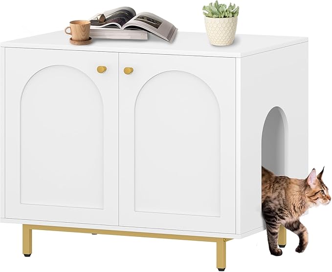 Cat Litter Box Enclosure, Hidden Litter Box Furniture Cabinet, Wooden Indoor Cat House, Side End Table, Living Room, Bedroom, White and Gold CB85003G