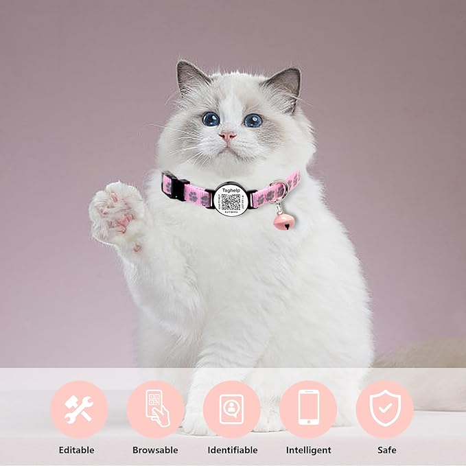 Peace of Mind Cat Collar 2-Pack: QR Code Tag with Permanent Online ID + Breakaway Reflective Collar, Scan for Immediate Contact if Lost (Pink & Black)