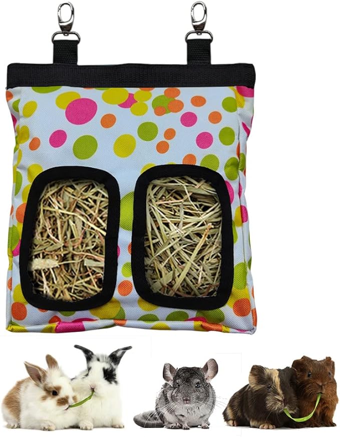 Guinea Pig Hay Feeder, Hanging Rabbit Hay Feeder Bag for Guinea Pigs Bunnies Chinchillas. M, Colorful Dots
