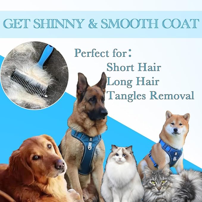 Dog Brush for Shedding 2-in-1 with Grooming Glove - Undercoat Rake & Shedding Tool for Long/Short Hair Dogs, Flea Comb & Hair Removal Brush for Gentle Massage (L)