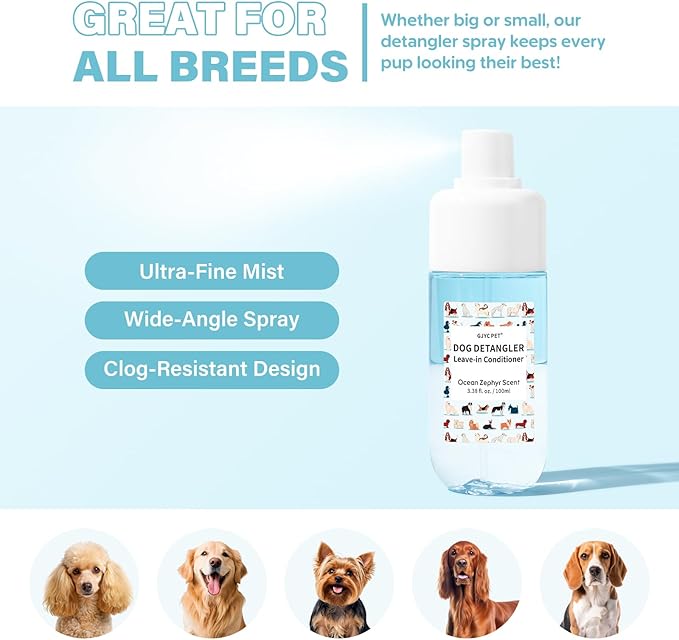 Dog Detangler & Dematting Spray - Leave-in Conditioner, Ocean Zephyr Scent | Jojoba Oil, Macadamia Oil, Sodium Hyaluronate for Silky, Tangle-Free Coat, 3.38 fl. oz