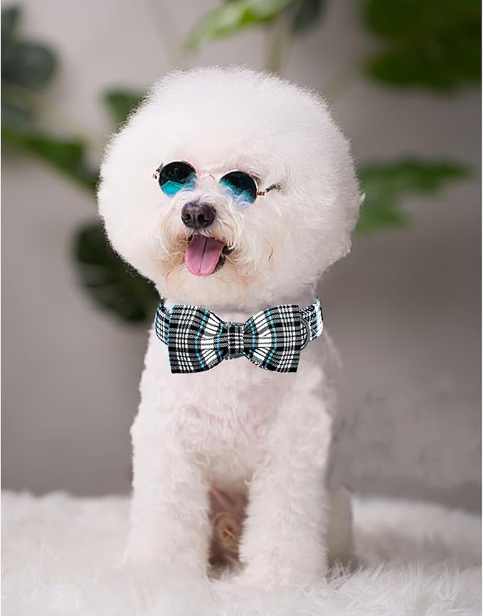 Lionheart glory Dog Bow Collar Blue and Black Plaid Dog Collar for X-Large Dogs,Boy Dog Collars with Bowtie Spring Summer Collars Soft Adjustable Pet Collar Bows