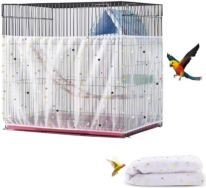 Large Bird Cage Cover, Bird Cage Seed Catcher, Adjustable Soft Airy Nylon Mesh Net, Birdcage Cover Skirt Seed Guard for Parrot Parakeet Macaw African (Star-White, 15.7" x118")