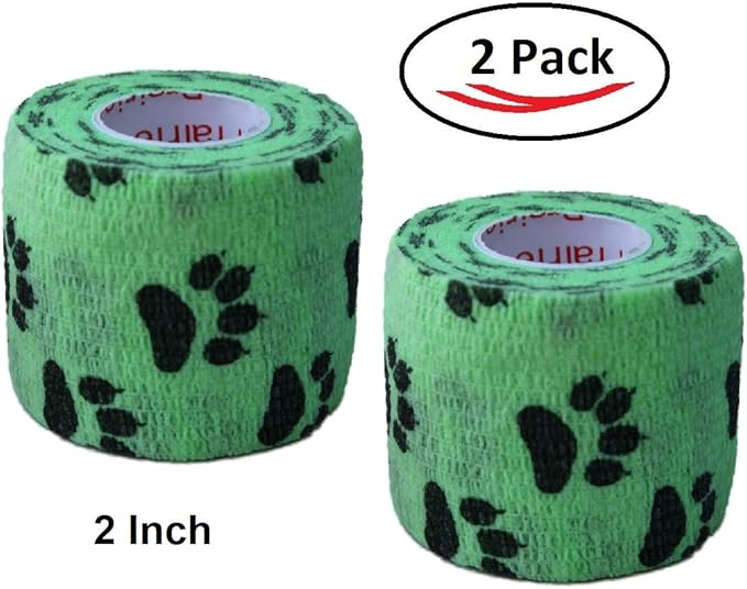 Vet Wrap Wrap Tape (Green with Paw Prints) (2 Pack) (3 Inch x 15 feet) Self Adhesive Adherent Adhering Cohesive Flex Self Stick Bandage Grip Roll Dog Cat Pet Horse