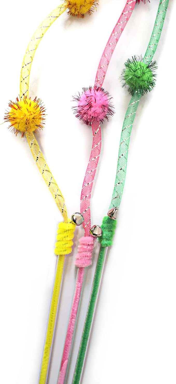 IUHKBH Cat Wands, 3 PCS Mesh Tube Teaser Toys with Fur Ball Cute Aesthetic Kitten Wand Interactive Cat Toy for All Breed Sizes