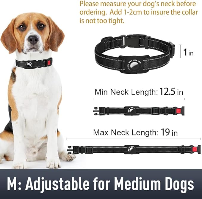Airtag Dog Collar with AirTag Holder for Medium Dogs, Reflective, Soft Padded & Safety Locking Buckle, Nylon Pet Collars Adjustable for All Breeds, Black,M
