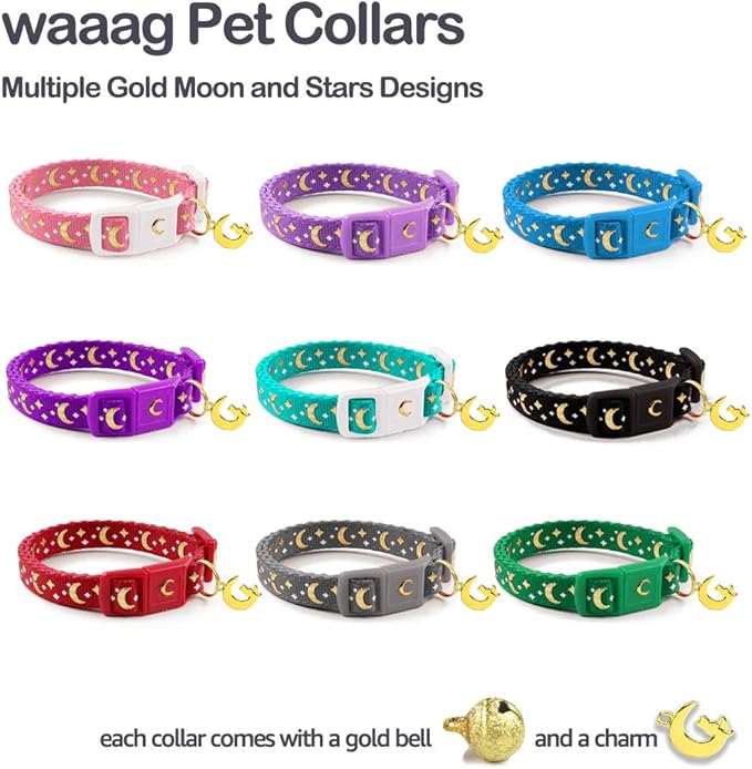 WAAAG Cat Collars, Gold Moons and Stars Cat Collar, Safety Breakaway Cat Collar, Glow in The Dark (Standard 9"-15" Neck, Grey)