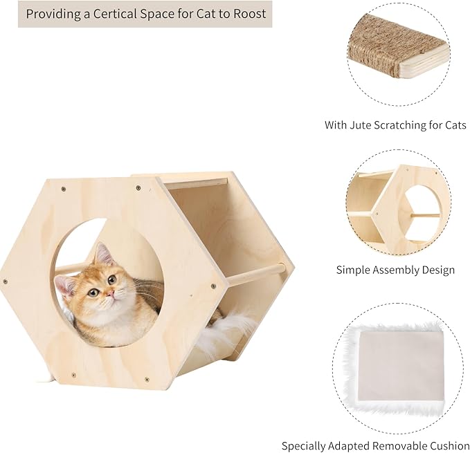 KATRIS Cat Shelves with 3 Steps Scratcher Post & Hammock, Wall Mounted Climbing Shelf for Indoor Cats (Wood)