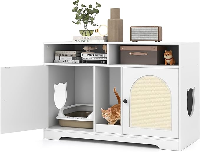 PETSITE White Double Litter Box Enclosure, 43 Inch Modern Cat Hidden Litter Box with Shelves, Double Rooms, Scratching Board, and 2 Sisal Mats, Indoor Wooden Kitten House End Side Table
