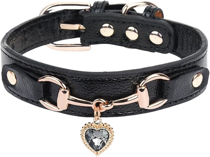 THAIN Fashion Dog Collar with Bling Diamonds & Heart Charm – 5 Holes Adjustable PU Leather Rhinestones Necklace Collar, Gold Buckle for Medium Dogs Girl boy (Black, M)