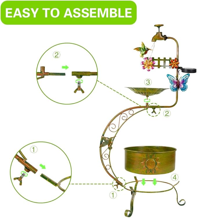 VEWOGARDEN Bird Bath for Outside, Solar Metal Outdoor Standing Birdbath with Flower Planter for Garden, Yard, Patio Decor, Green