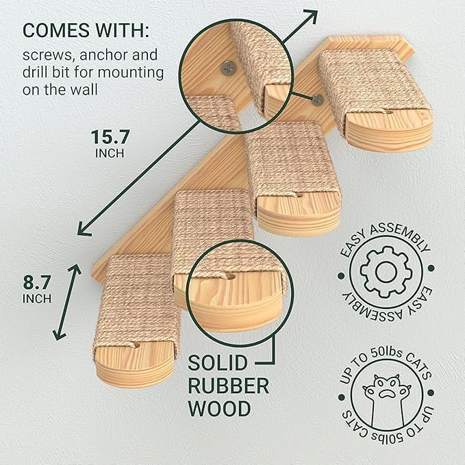 Skywin Cat Steps - Grey Solid Rubber Wood Cat Stairs Great for Scratching and Climbing - Easy to Install Wall Mounted Shelves for Playful Cats (Grey)