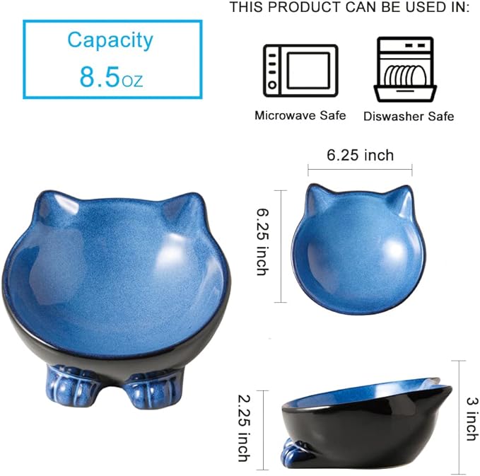 Nihow Ceramic Basic Cat Bowls: 6.25 Inch Cat Bowl for Food & Water - Food Grade Cat Dish for Large-Sized Cat/Medium-Sized Dog - Microwave & Dishwasher Safe -Elegant Blue & Black (8.5 OZ /1 PC)