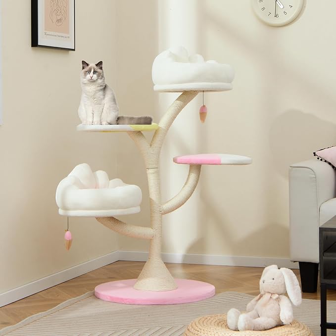 Tangkula 48.5 Inch Cute Cat Tree, Multi-Layer Cat Tower with Sisal Covered Scratching Posts, 2 Padded Perches, 2 Platforms, Ice Cream-Shaped Dangling Balls, Cat Activity Center for Indoor Cats