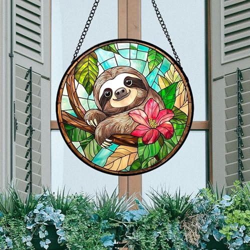 Stained Glass Window Hanging Sloth Flower Suncatcher Gifts for Women 9.8"
