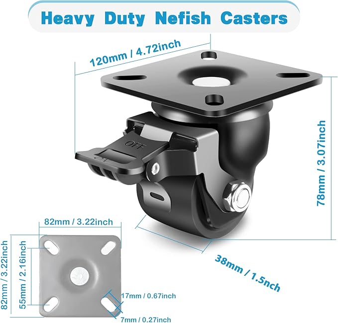 Nefish 2-Inch Heavy Duty Casters Set of 4, Industrial Grade Castors Wheels 2200 LBS, Low Gravity Plate Swivel Caster with Brake, Durable & Corrosion-Resistant Nylon Wheels for Industrial, Equipment