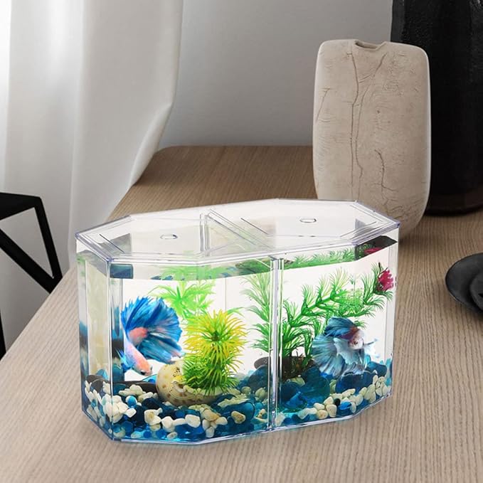 Acrylic Fish Tank Isolation Box with Two Compartments for Betta and Small Tropical Fish Clear Octagonal Breeding Tank Suitable for Home Aquarium
