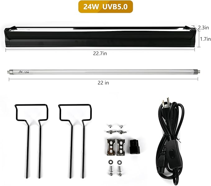 T5 UVB Lighting Combo Kit for Reptiles,24W Light Fixture with Desert 5.0 T5 UVB Light Bulbs Terrarium Hood Heat Lamp for Breaded Dragon,Turtle,Frog,Lizard,Tortoise,Gecko,Snake