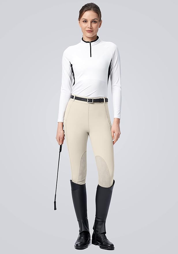 SANTINY Women's Horse Riding Pants with Zipper Pockets Knee-Patch Schooling Tights Equestrian Breeches for Women