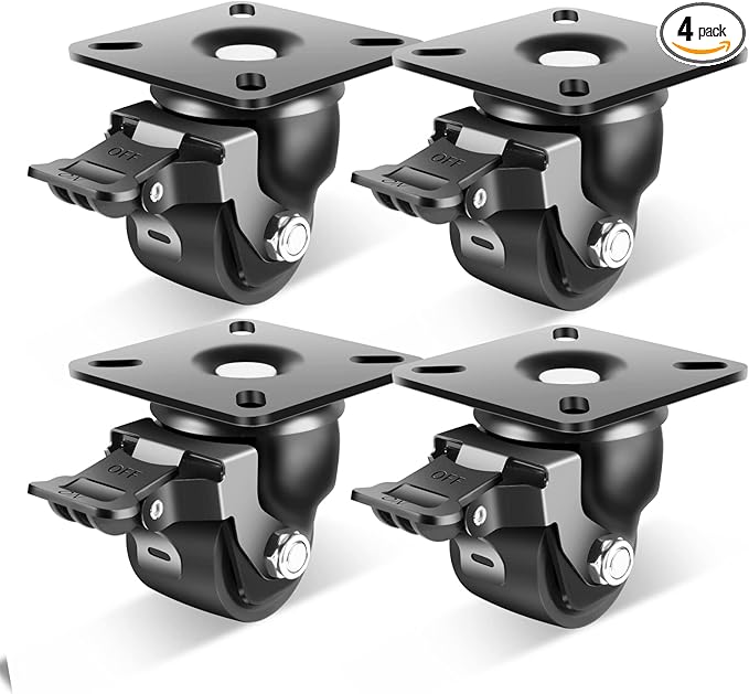 Nefish 2-Inch Heavy Duty Casters Set of 4, Industrial Grade Castors Wheels 2200 LBS, Low Gravity Plate Swivel Caster with Brake, Durable & Corrosion-Resistant Nylon Wheels for Industrial, Equipment