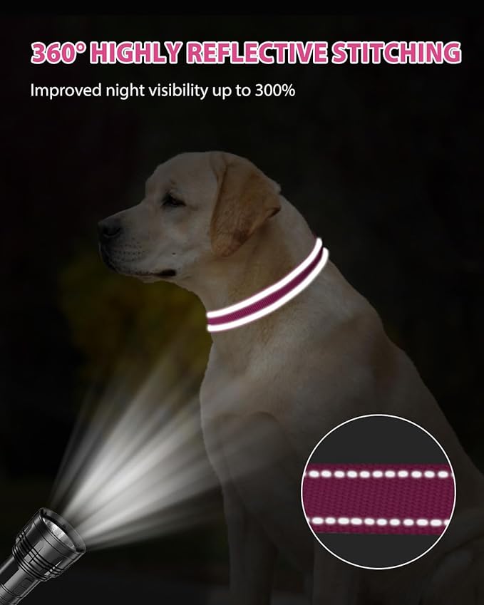 Joytale Large Dog Collar, Reflective and Adjustable Nylon Pet Collar with Quick-Release Buckle for Large Dogs, Hotpink, L