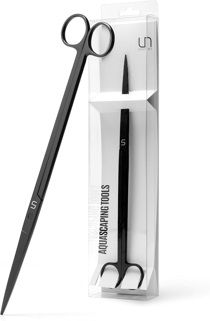 UNS Aquascaping Tools - Stainless Steel, Rust Resistant, Freshwater Planted Tank, Saltwater Reef Aquarium Maintenance Accessory - Trimming Stems & Carpets, Coral Cutting - Straight Scissors, Black