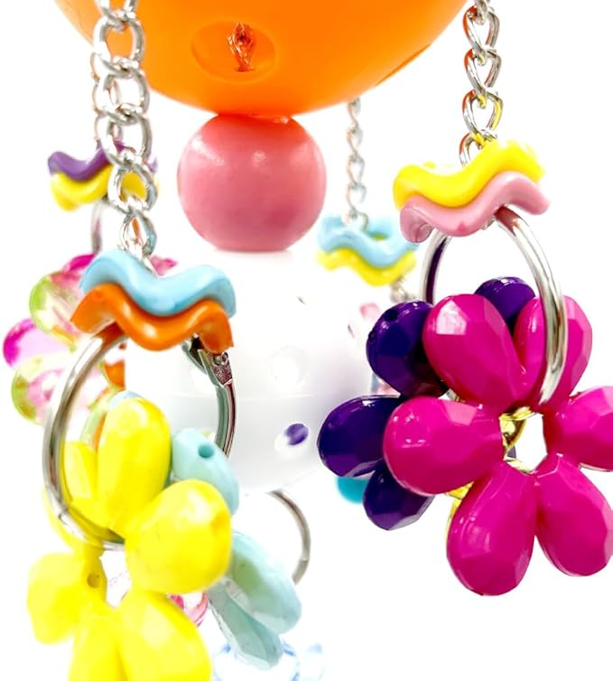 Pullable Bird Plastic Ball Toys with Acrylic Pacifiers and Flowers, Colorful Parrot Toys for Medium and Large Parrot Quaker Monk Parakeet Sun Conures (Orange)