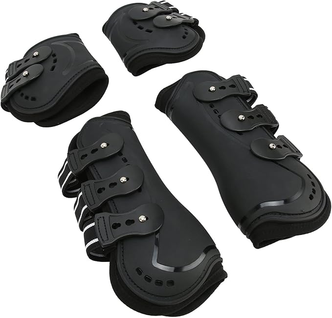 Horse Leg Guard, Horse Leg Protector Shock Absorption Breathable Open Front Tendon Boots for Jumping Show Riding, PU Shell Front Back Wrap Protective Boots Guards (L)