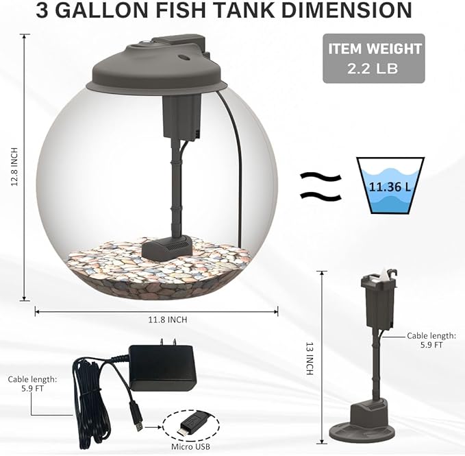 3-Gallon Fish Tank, Aquarium Starter Kit Includes Power Filter, LED Light with 5V Power Supply, and Full Hood, Ideal for Betta and a Variety of Tropical Fish, Impact-Resistant Plastic