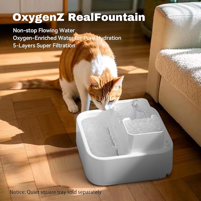 Oxygen-Riched Water Fountain for Cats Drinking Healthy, Pet Water Dispenser 3-Tired RealFountain Bowl Pro Indoor with Dual Pumps Quiet, Filter and Sponge Replaceable BPA-Free 2L/67 oz