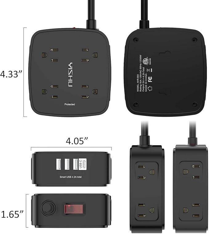 6 Ft Surge Protector Power Strip - 8 Widely Outlets with 4 USB Ports, 3 Side Outlet Extender with 6 Feet Extension Cord, Flat Plug, Wall Mount, Desk USB Charging Station, ETL,Black