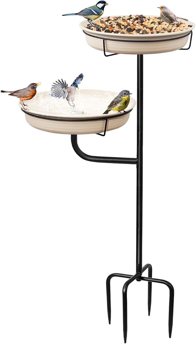 Freestanding Birdbaths Bowl Outdoor, Free Standing Garden Bird Bath Bird Feeder & Bird Bath Bowl, Detachable Decoration Spa Birdfeeder for Garden Patio Yard Lawn, 4 Spiky Metal Stake (White)