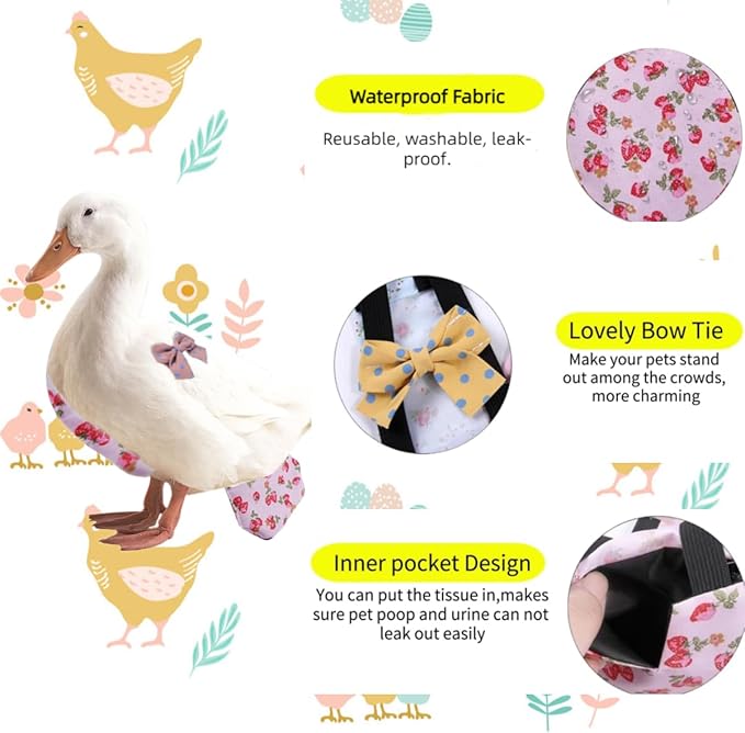 MANON ROSA Chicken Diapers Bantam Hens - Reusable 3-Piece Set with Bow Ties Poultry Nappies Washable Waterproof for Geese Pet Ducks Silkie (Polka Dot XS)