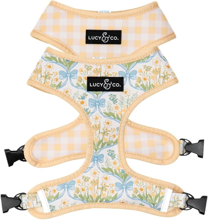 Lucy & Co. Sunshine and Daffodils Reversible Dog Harness, Adjustable Comfort Fit with Dual Leash Attachments, Medium