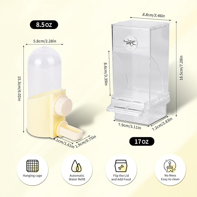 Automatic No Mess Bird Feeder & Water Dispenser for Cage, Parakeet Cage Accessories, Bird Water Feeder for Parrots Cockatiels Budgies Finches Canaries