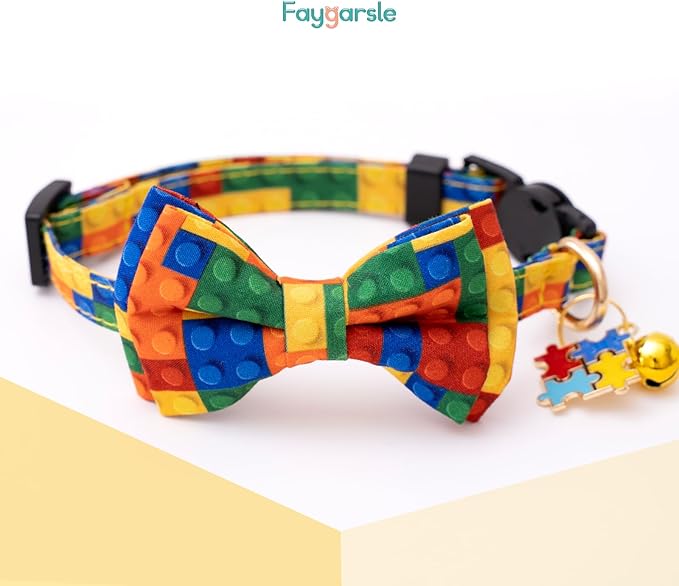 Faygarsle 2 Pack Breakaway Bowtie Cat Collar with Bell for Male Female Cats Fancy Yellow Blue with Toy Building Blocks Streaks Pattern Spring Summer Cat Collar for Boy Girl Cats