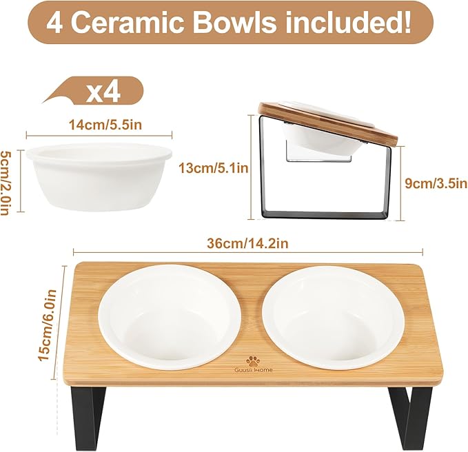Sunhoo Elevated Cat Bowls for Indoor Cats Ceramic Kitty Dish Food Water Raised Tilted Puppy Feeding Sation with 4 Dishes Wooden Stand Pet Feeder Metal Legs Orthopedic Reduces Vomiting（Yellow）