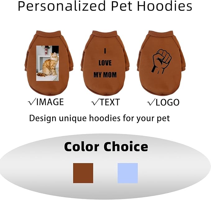 Custom Dog Hoodie, Personalized Sweatshirt with Photo Text Name Logo, Customized Hooded Sweater for Small Medium Large Dogs & Cats (Brown, Large)