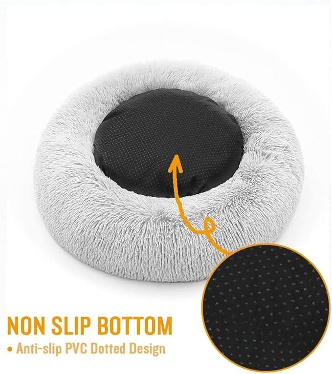 Original Calming Donut Dog and Cat Bed in Shag Fur, Dog Beds for Melium Dogs, Anti Anxiety Round Fluffy Plush Faux Fur Pet Bed, Light Grey, 27.6x27.6