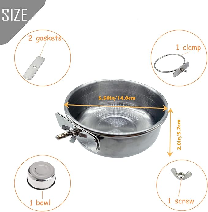 PINVNBY 6 Pieces Stainless Steel Bird Feeding Dish Cups,Parrot Feeder Parakeet Food Water Bowls with Clamp Holder & 6 Pcs Bird Spoon & 6 Pcs Birds Ball Toys for Budgies Macaw Small Animal(L)