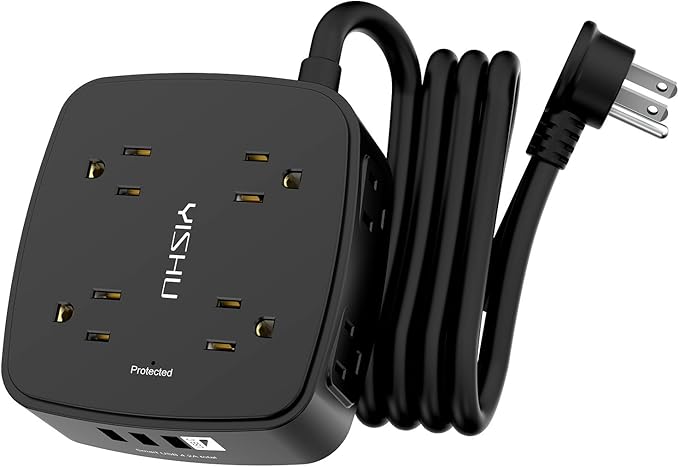 6 Ft Surge Protector Power Strip - 8 Widely Outlets with 4 USB Ports, 3 Side Outlet Extender with 6 Feet Extension Cord, Flat Plug, Wall Mount, Desk USB Charging Station, ETL,Black