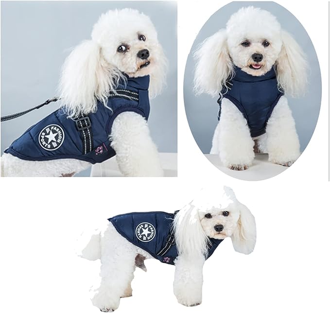 HDKUW Small Dog Jacket, Small Dog Coat Harness Winter Warm Vest Jacket Waterproof Cotton Costume for Puppy Small Dogs (S, Blue)