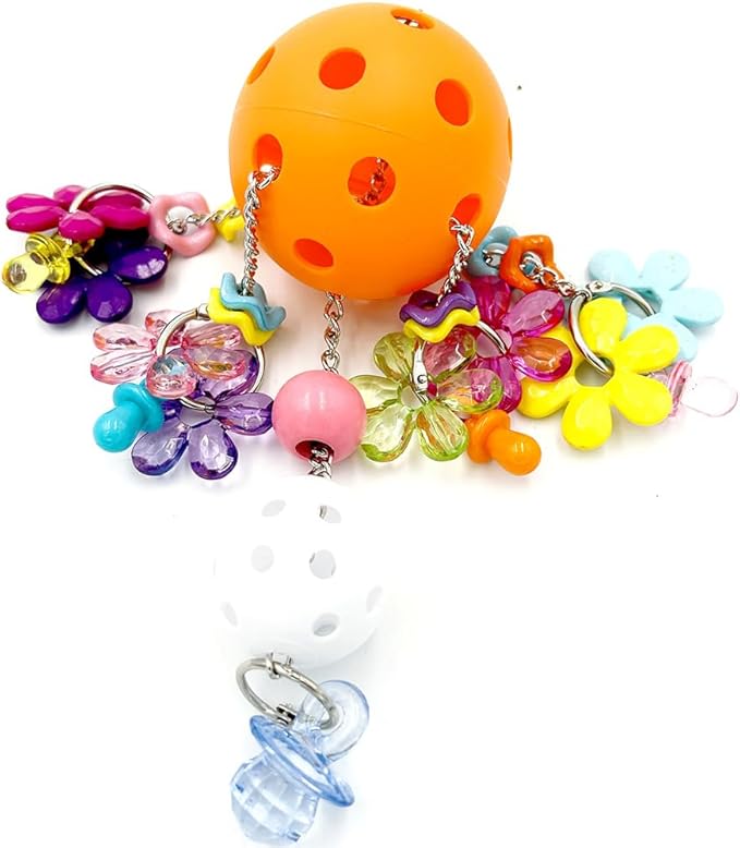 Pullable Bird Plastic Ball Toys with Acrylic Pacifiers and Flowers, Colorful Parrot Toys for Medium and Large Parrot Quaker Monk Parakeet Sun Conures (Orange)