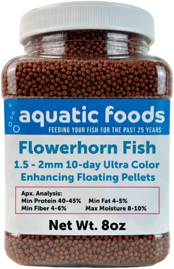 Aquatic Foods Inc. Flowerhorn Fish Ultra Red Color Enhancing 1.5mm-2mm Floating Pellets. Color Enhancing in 10-Days for Baby, Juvenile and Adult Flowerhorn…8oz Small Jar