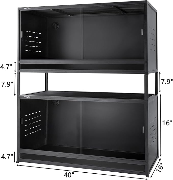 Stackable Space efficient PVC Reptile Enclosures 44 Gallon ToxiRium Large Reptile 40''x16''x16 Tank for Bearded Dragon Lizard Snake,Wide Breeding Vivarium with Sliding Doors Lock-2pcs with spacers