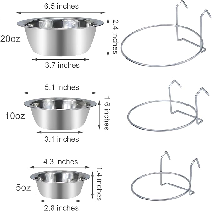 Wontee Pet Bowl Stainless Steel Hanging Food Water Bowls Bird Cage Feeder for Birds, Parrots, Small Sized Dogs and Cats (L)