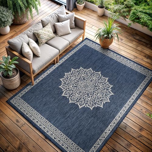 Outdoor Rug 5x7 Medallion Blue Modern Area Rugs for Indoor and Outdoor Patios Kitchen and Hallway Mats Washable Porch Deck Outside Carpet (35 Sq Ft)
