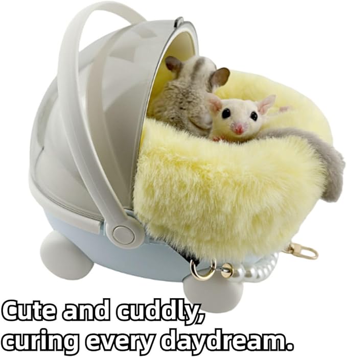 Sugar Glider Carrier Cage with Warm Nest, Cushion, Mat and Safe Lock, Portable Cages with Chain, Small Animals Travel Carrier Plastic Breathable Outgoing Box for Hamsters (Orange)