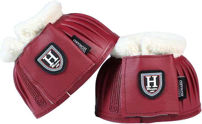 Harrison Howard Rubber Pull-on Bell Boots with Fleece Lining and Extra-Large Leather Touch-Close Tape Hoof Overreach Protection for Horses Sold in Pairs Wine Red L